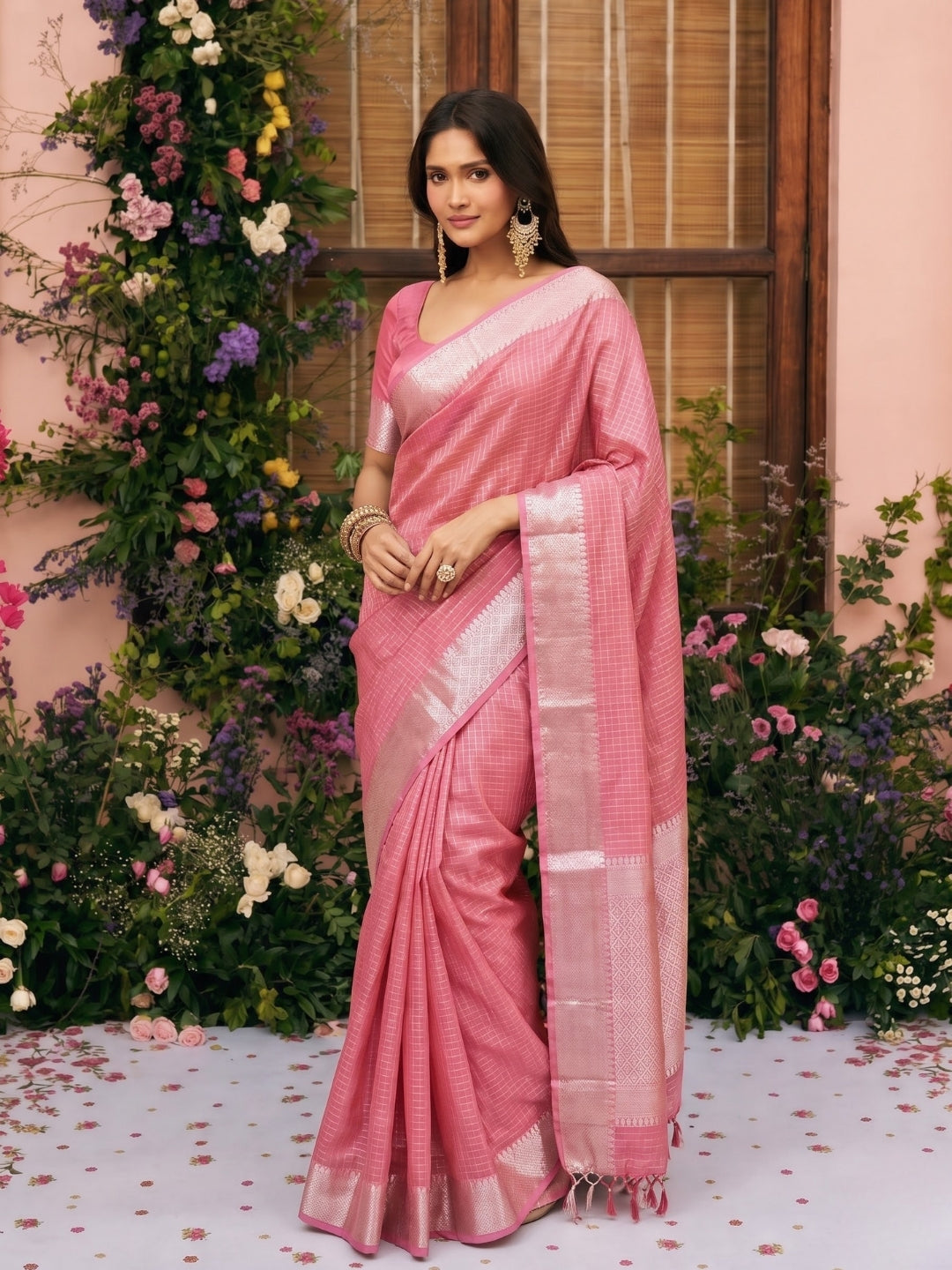 Pink Maheshwari Chanderi Saree with Zari Border