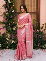 Pink Maheshwari Chanderi Saree with Zari Border