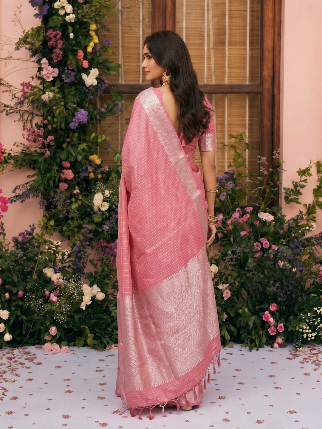 Pink Maheshwari Chanderi Saree with Zari Border