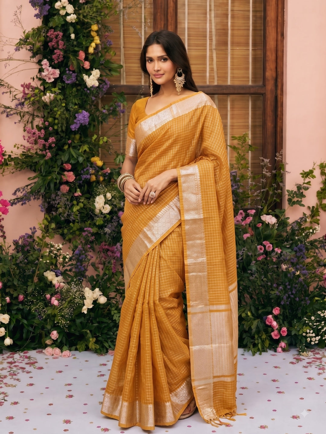 Mustard Maheshwari Chanderi Saree with Zari Border