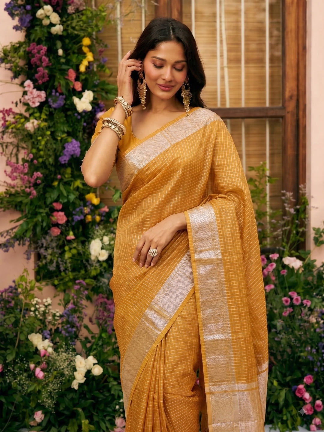 Mustard Maheshwari Chanderi Saree with Zari Border