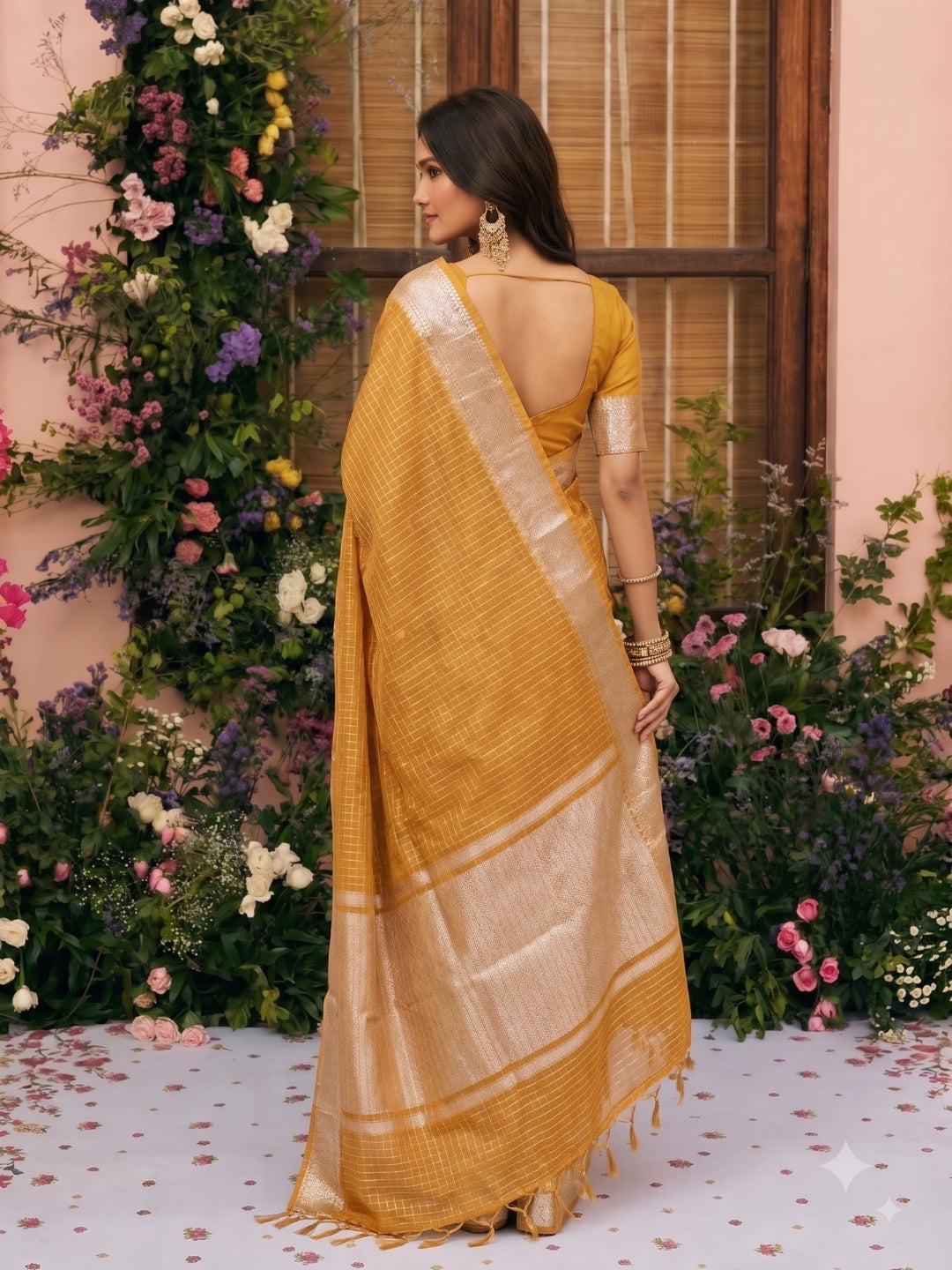 Mustard Maheshwari Chanderi Saree with Zari Border