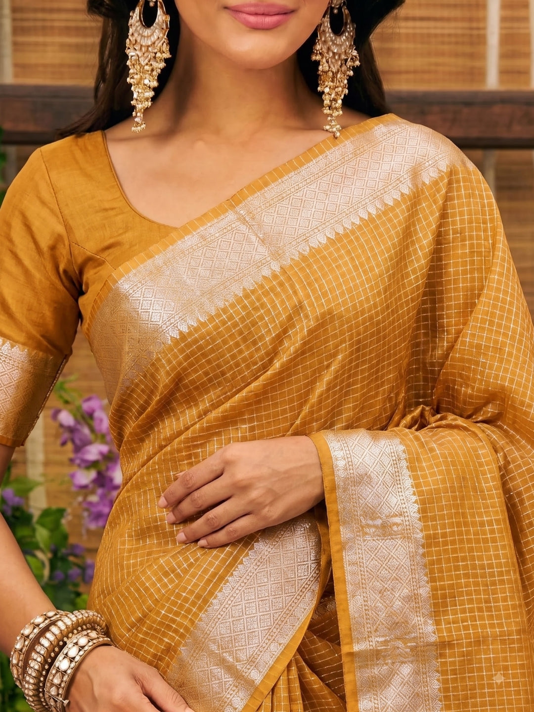 Mustard Maheshwari Chanderi Saree with Zari Border