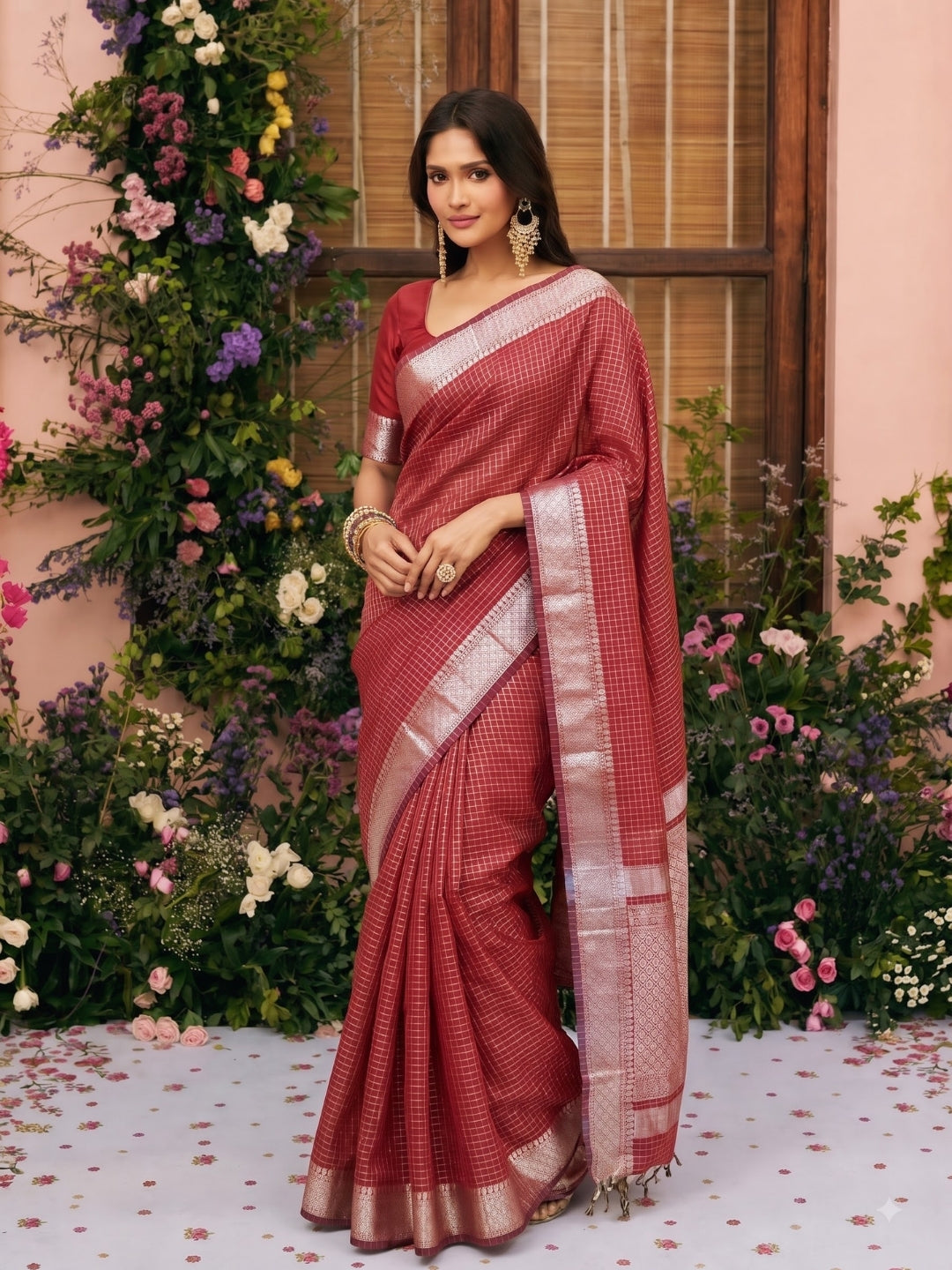 Red Maheshwari Chanderi Saree with Zari Border