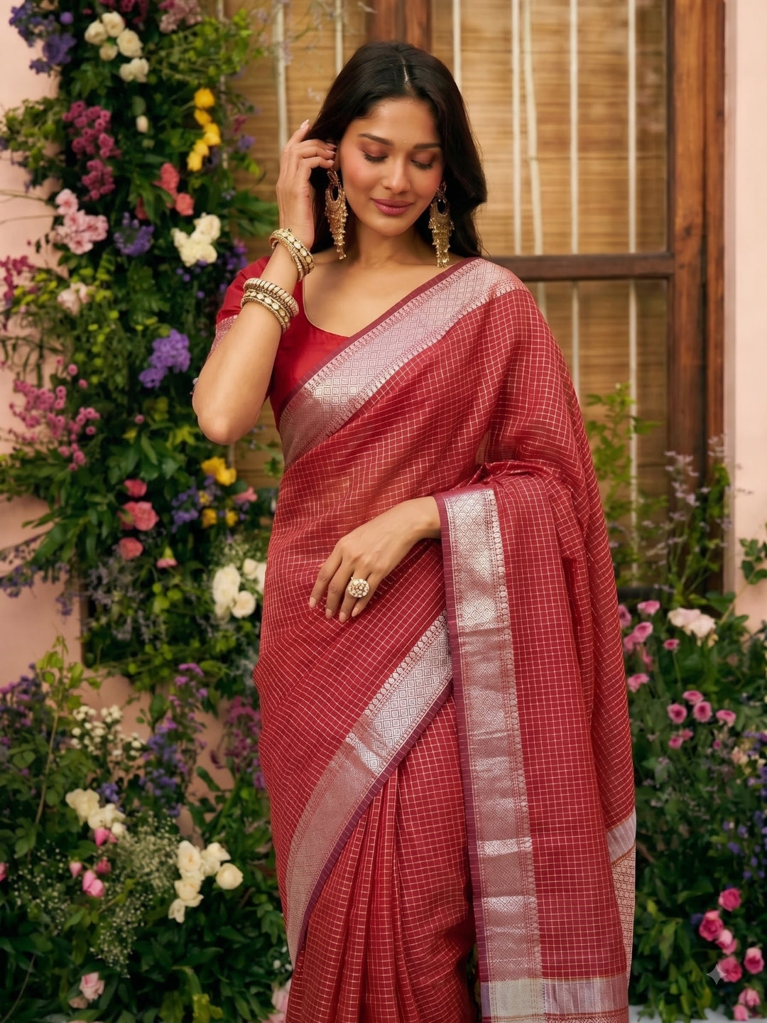 Red Maheshwari Chanderi Saree with Zari Border