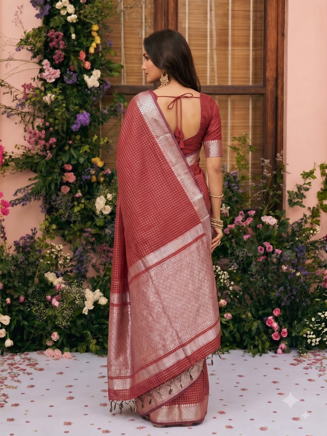 Red Maheshwari Chanderi Saree with Zari Border