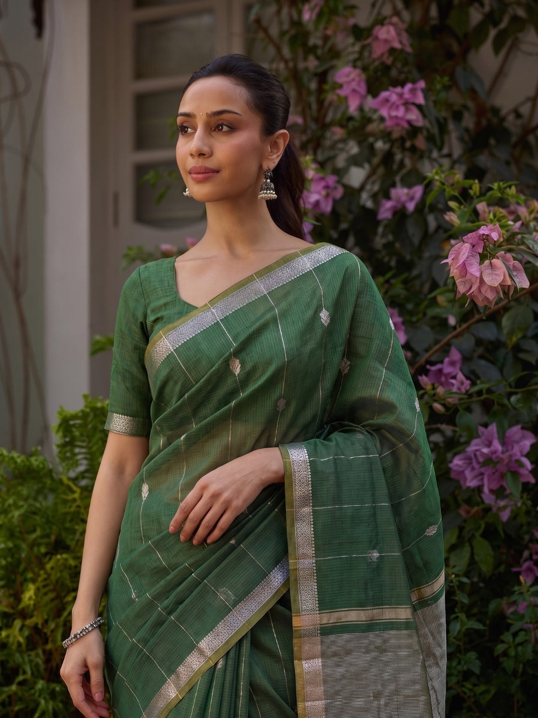 Green Maheshwari Lotus Butta Saree with Zari Border
