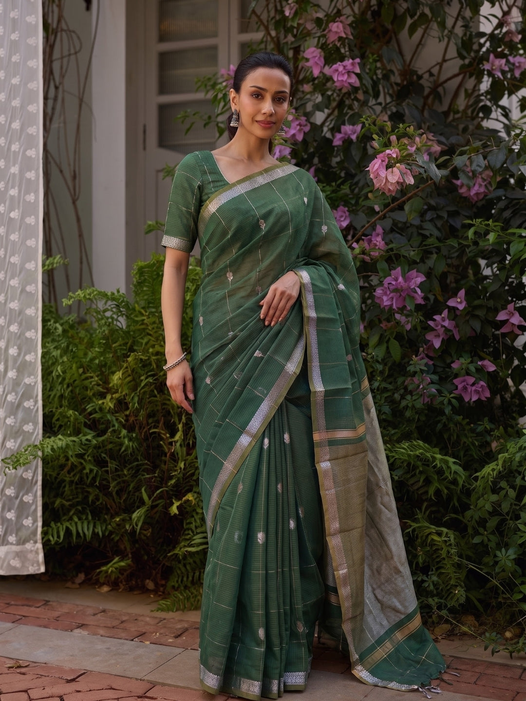 Green Maheshwari Lotus Butta Saree with Zari Border