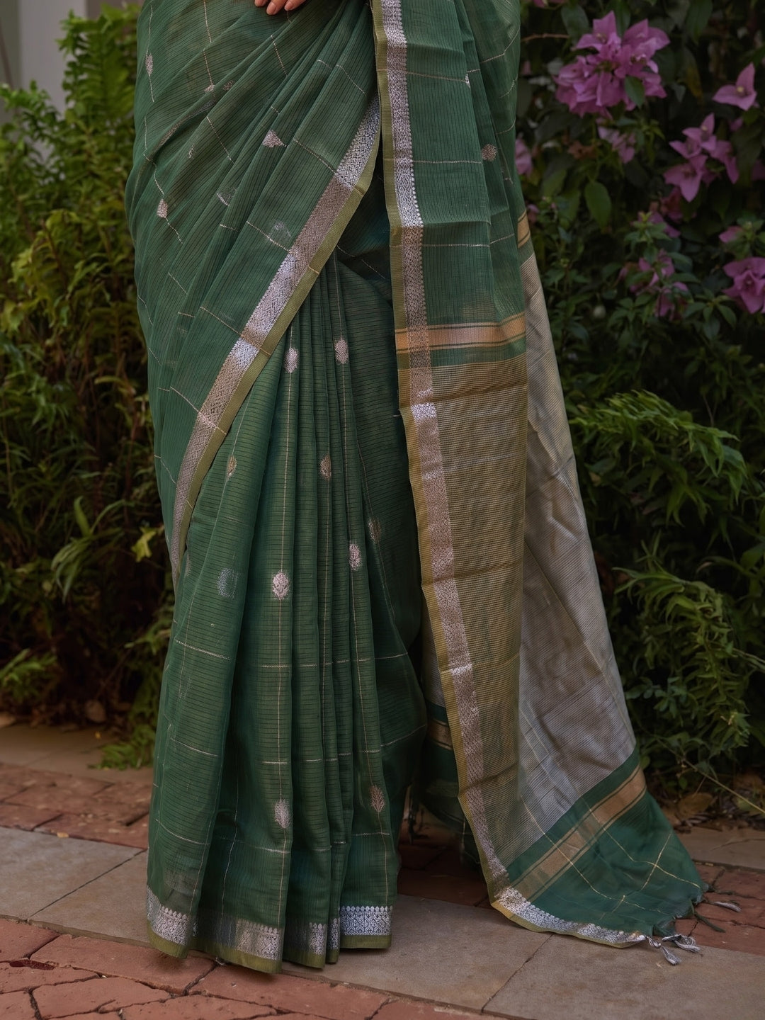 Green Maheshwari Lotus Butta Saree with Zari Border