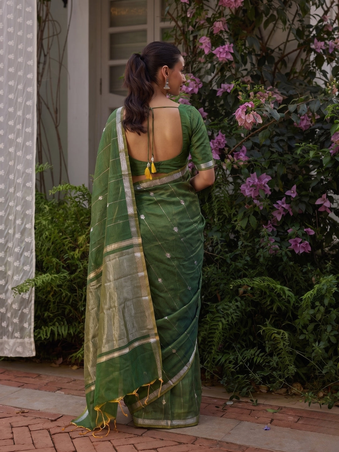 Green Maheshwari Lotus Butta Saree with Zari Border