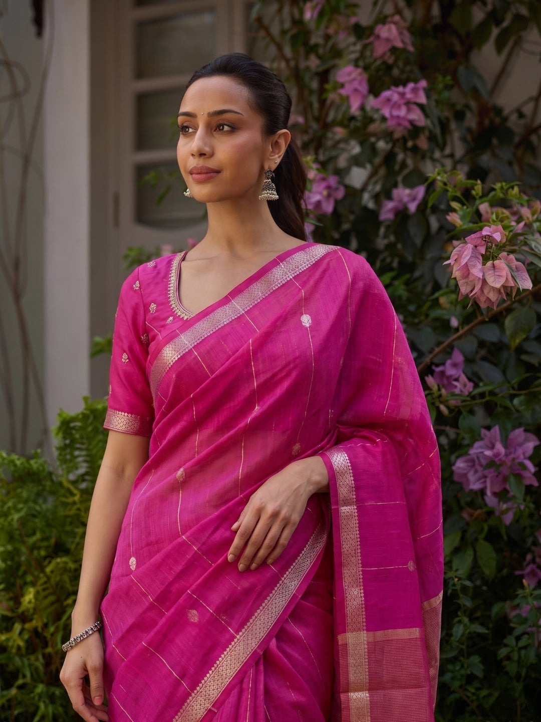 Pink Maheshwari Lotus Butta Saree with Zari Border