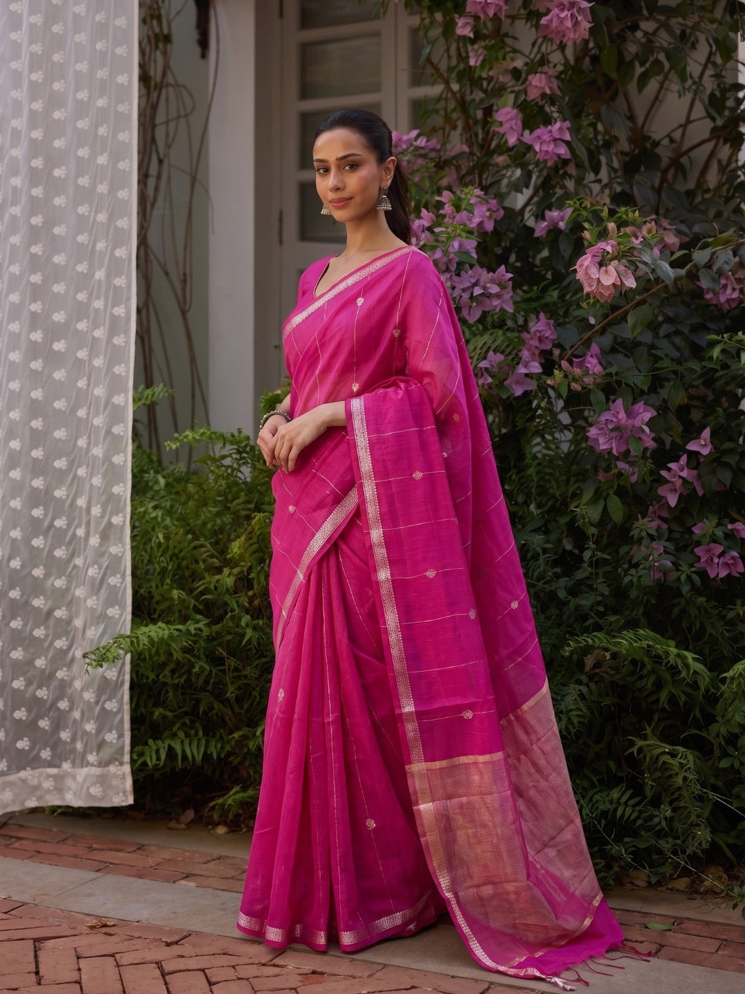 Pink Maheshwari Lotus Butta Saree with Zari Border