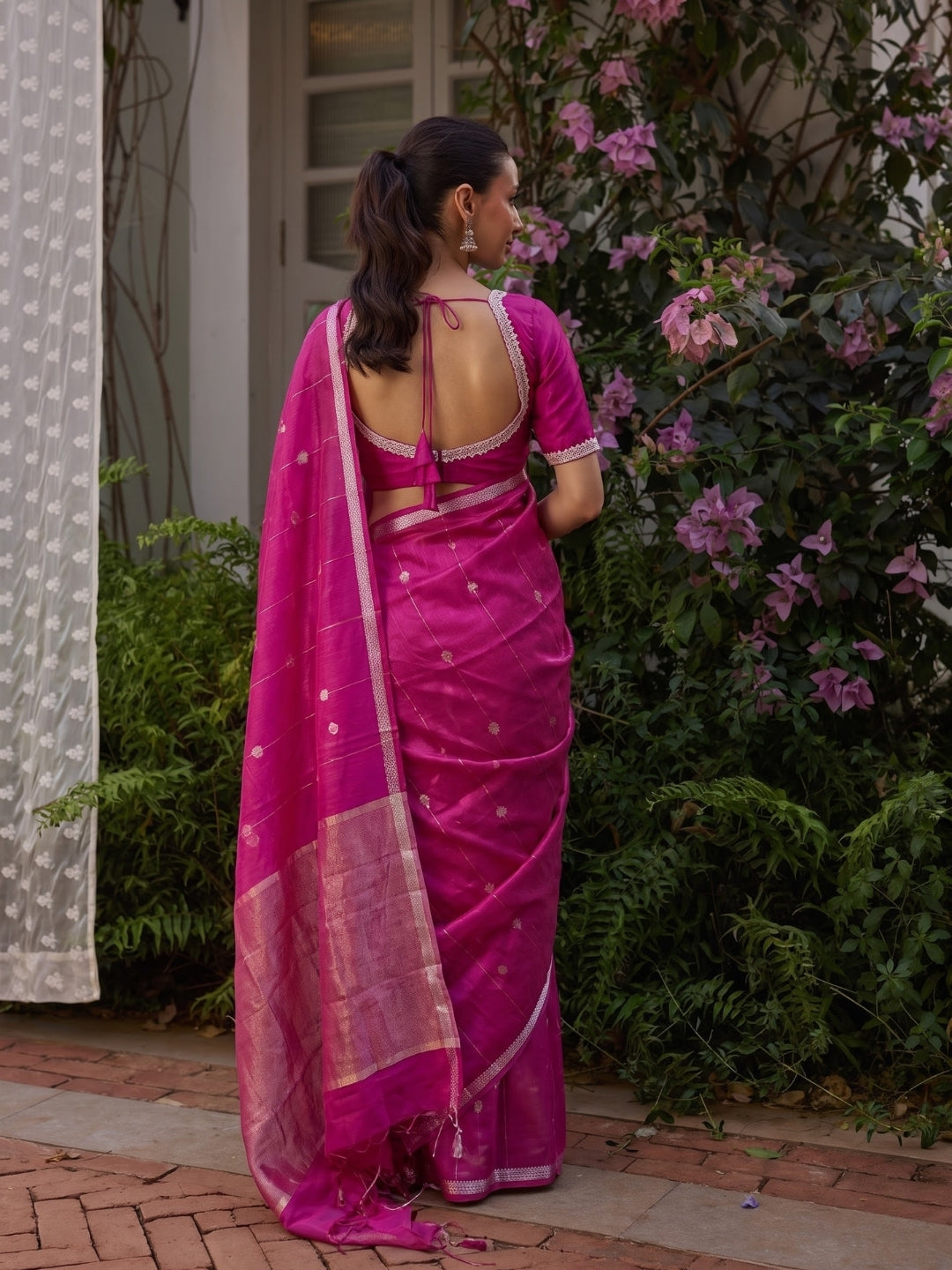 Pink Maheshwari Lotus Butta Saree with Zari Border