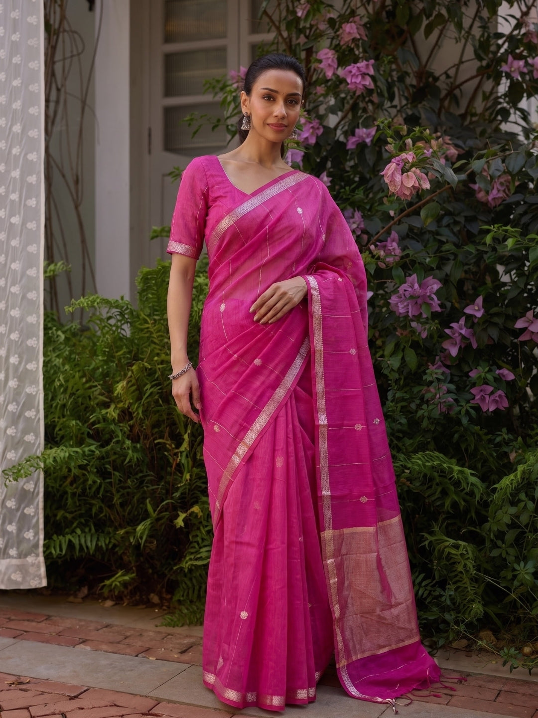 Pink Maheshwari Lotus Butta Saree with Zari Border