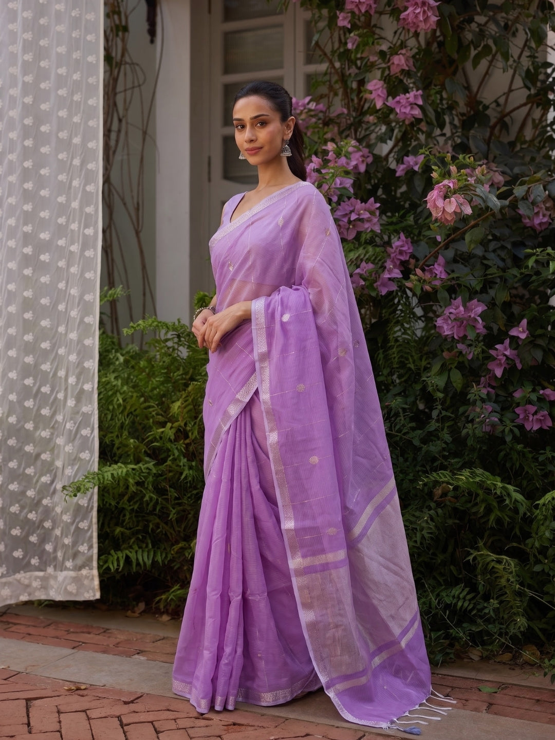Lilac Maheshwari Lotus Butta Saree with Zari Border