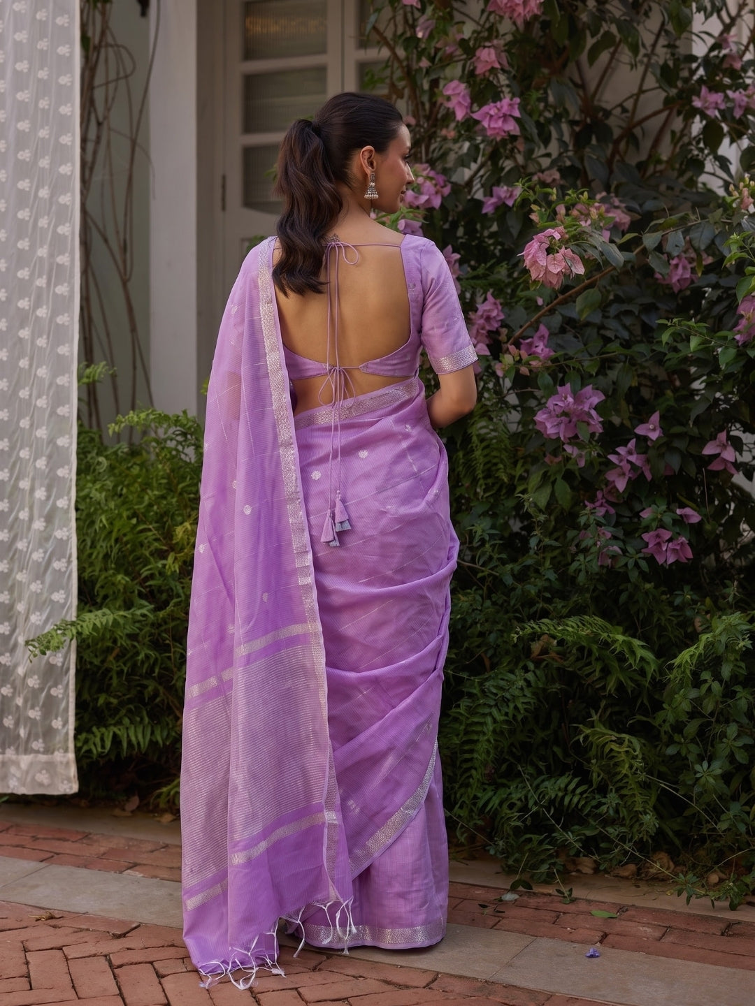 Lilac Maheshwari Lotus Butta Saree with Zari Border