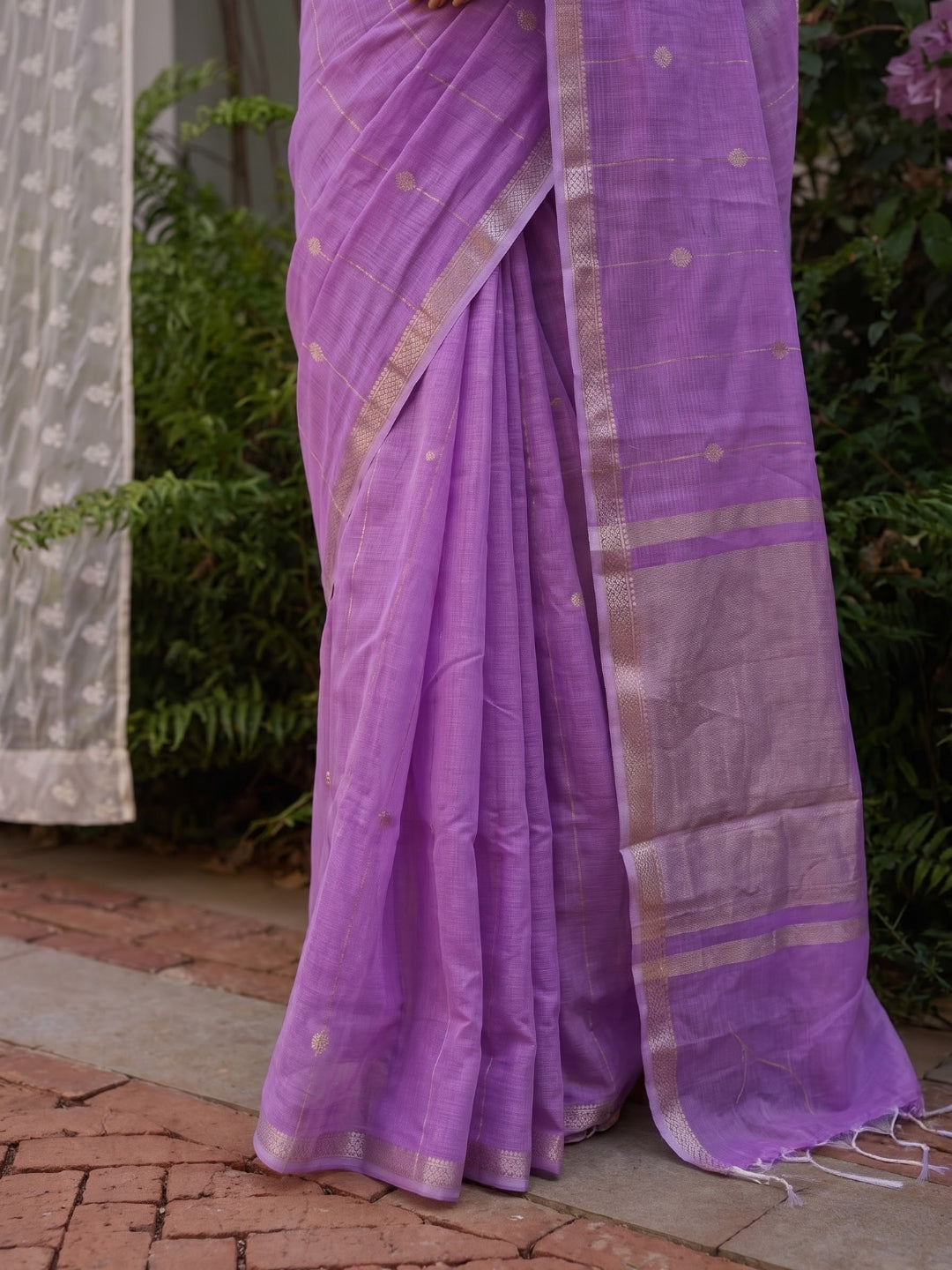 Lilac Maheshwari Lotus Butta Saree with Zari Border
