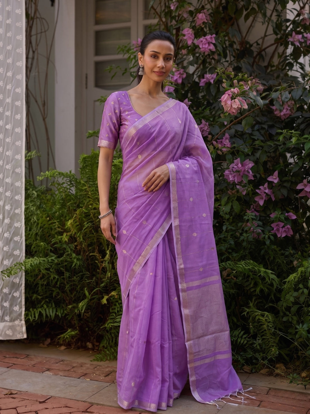 Lilac Maheshwari Lotus Butta Saree with Zari Border