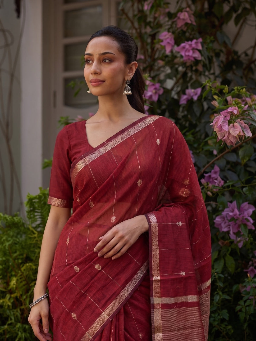 Red Maheshwari Lotus Butta Saree with Zari Border