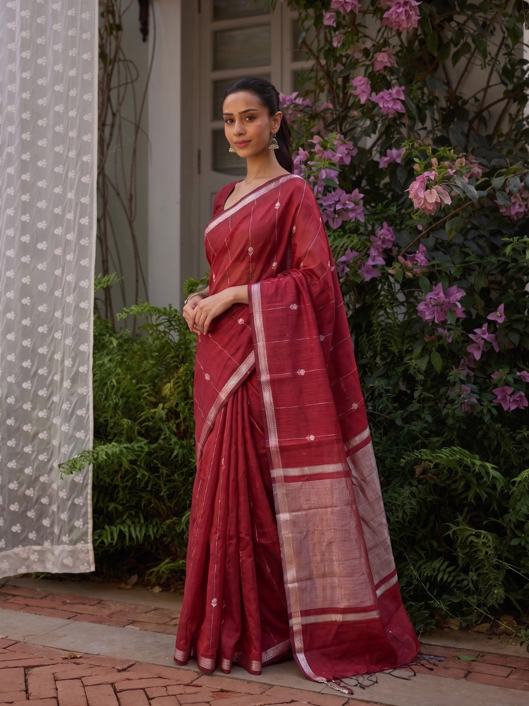 Red Maheshwari Lotus Butta Saree with Zari Border