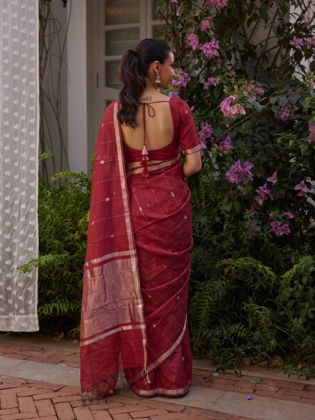 Red Maheshwari Lotus Butta Saree with Zari Border