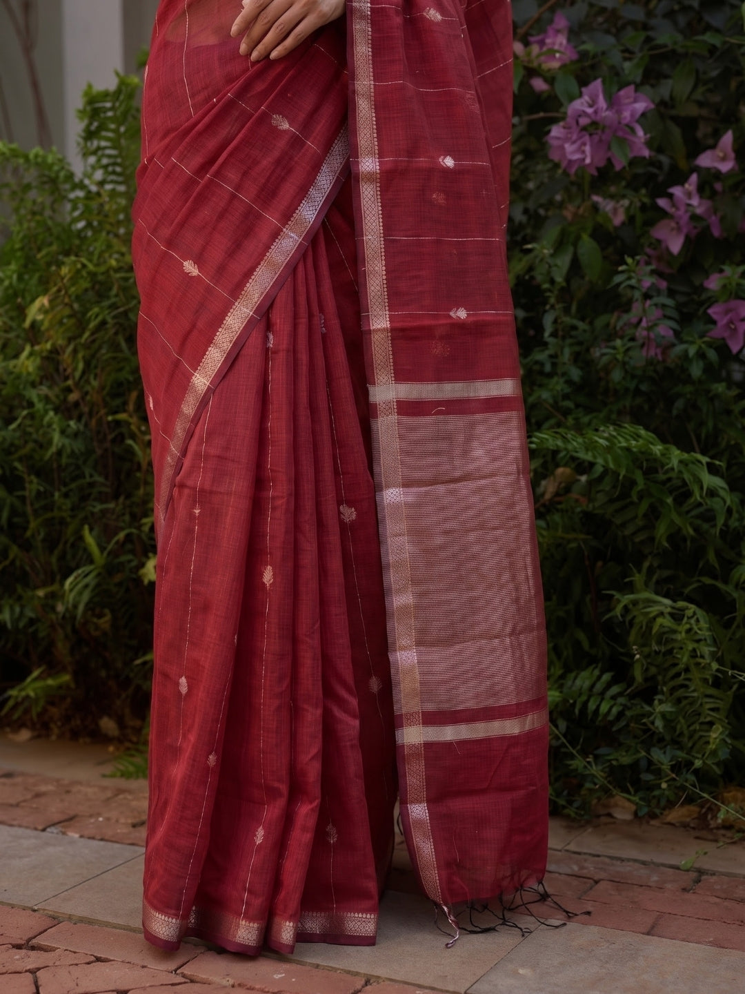 Red Maheshwari Lotus Butta Saree with Zari Border