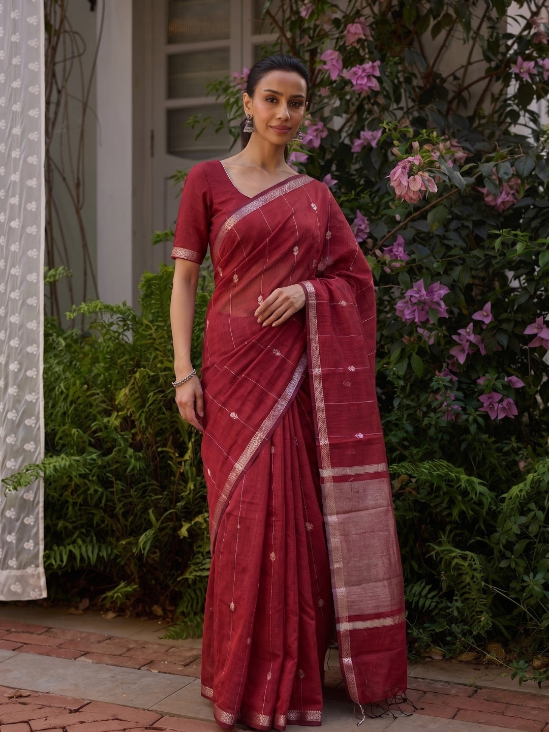 Red Maheshwari Lotus Butta Saree with Zari Border
