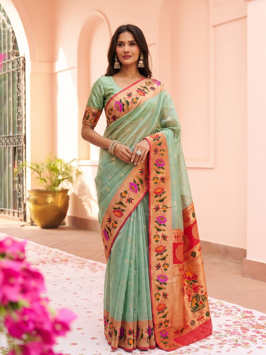 Teal Blue Tissue Paithani Saree with Floral Motif Border