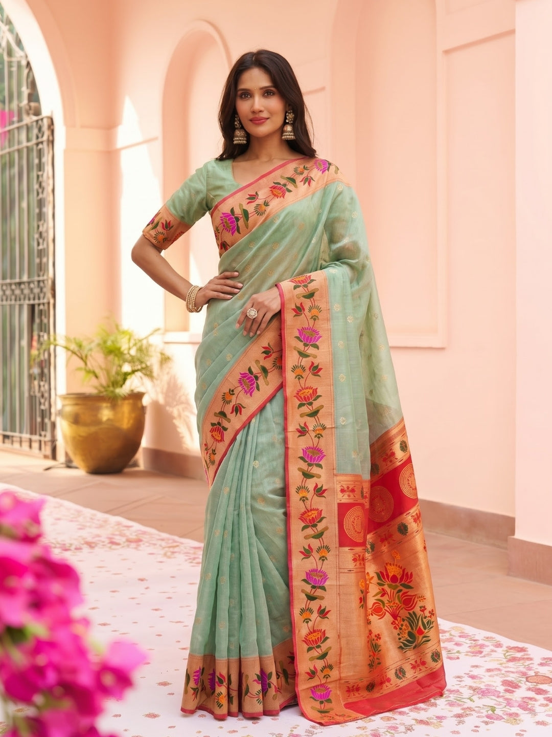 Teal Blue Tissue Paithani Saree with Floral Motif Border