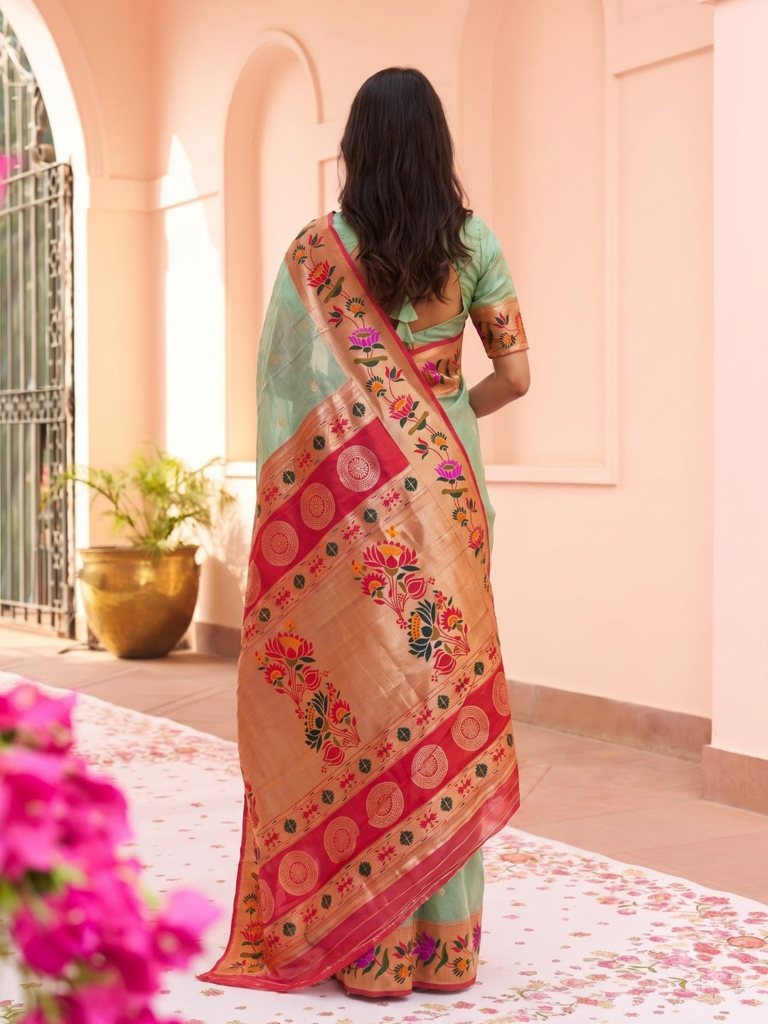 Teal Blue Tissue Paithani Saree with Floral Motif Border