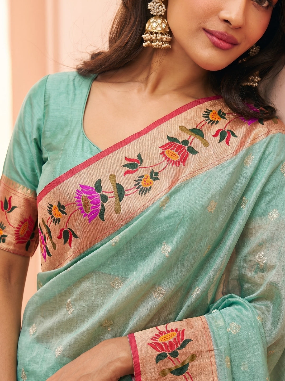 Teal Blue Tissue Paithani Saree with Floral Motif Border