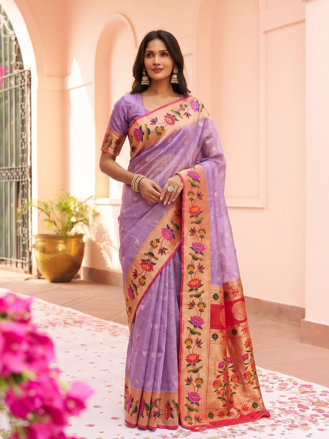 Lilac Tissue Paithani Saree with Floral Motif Border