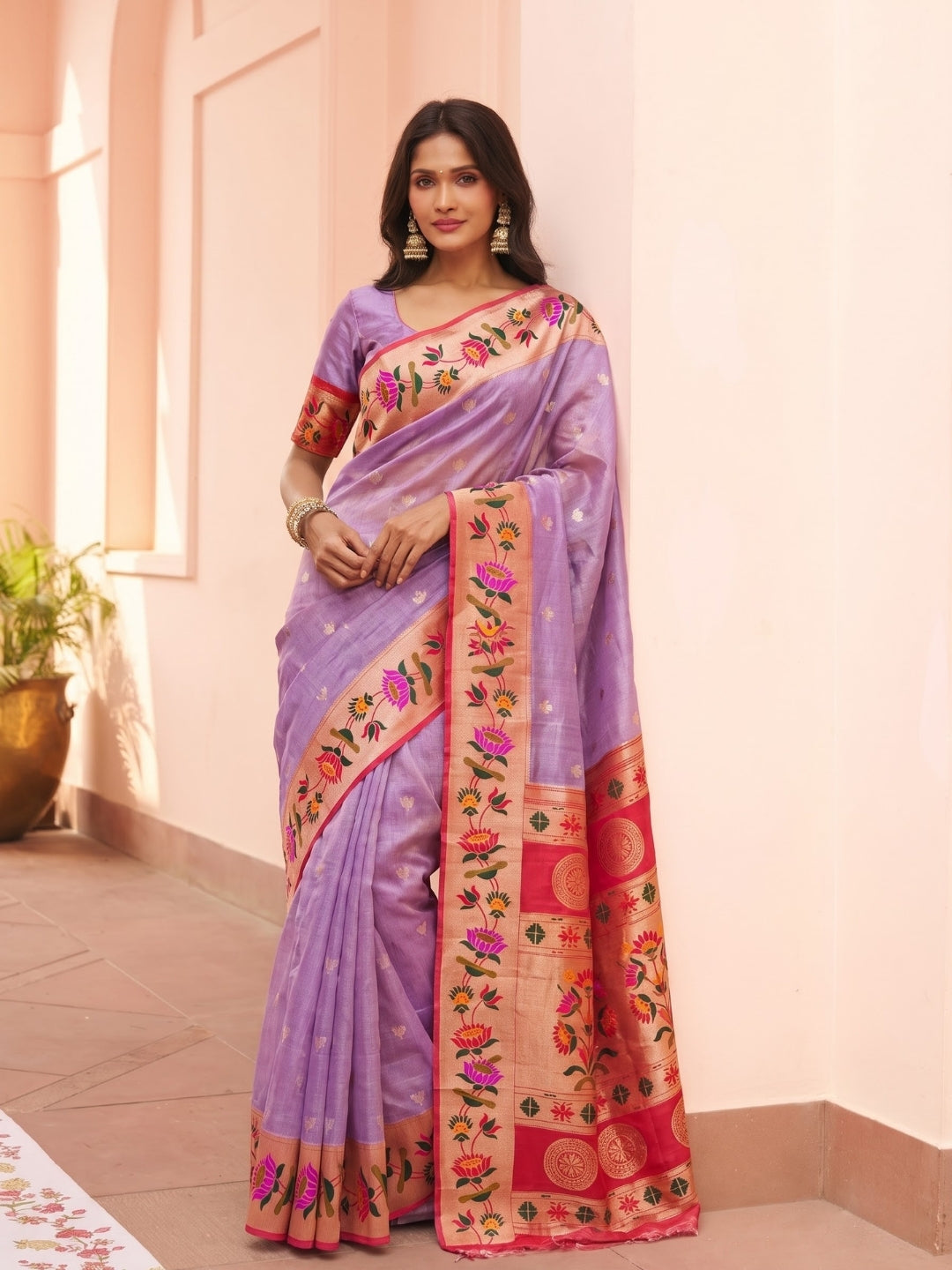 Lilac Tissue Paithani Saree with Floral Motif Border