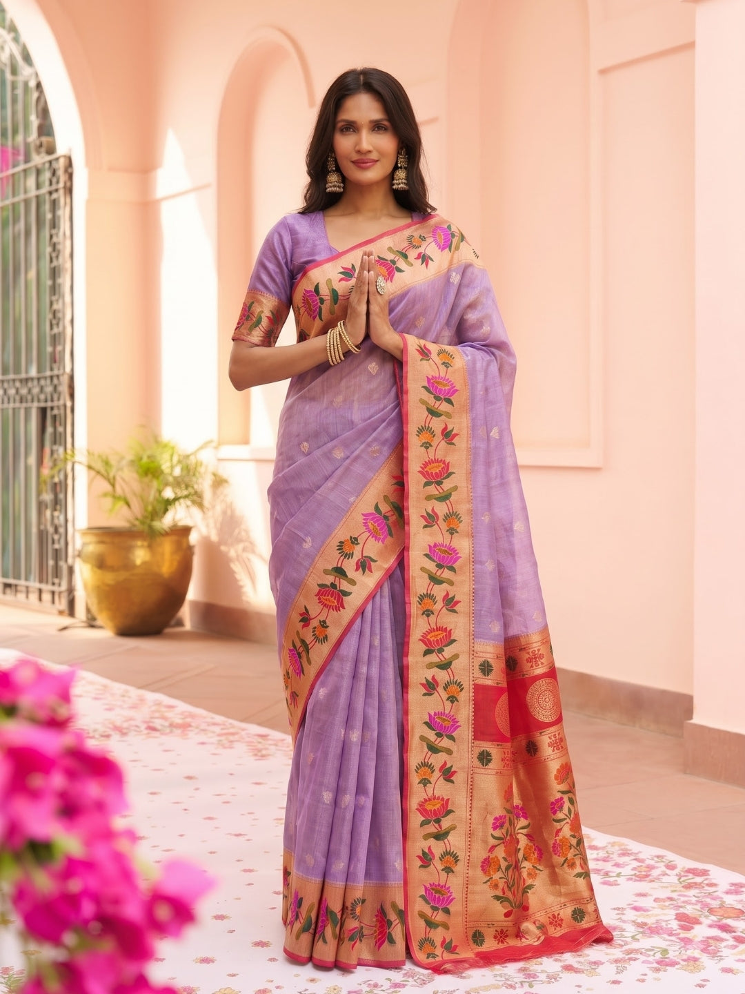 Lilac Tissue Paithani Saree with Floral Motif Border