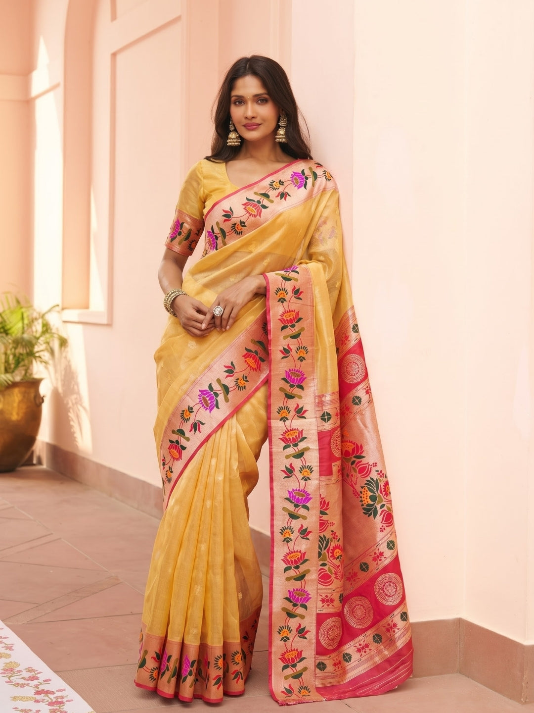 Yellow Tissue Paithani Saree with Floral Motif Border