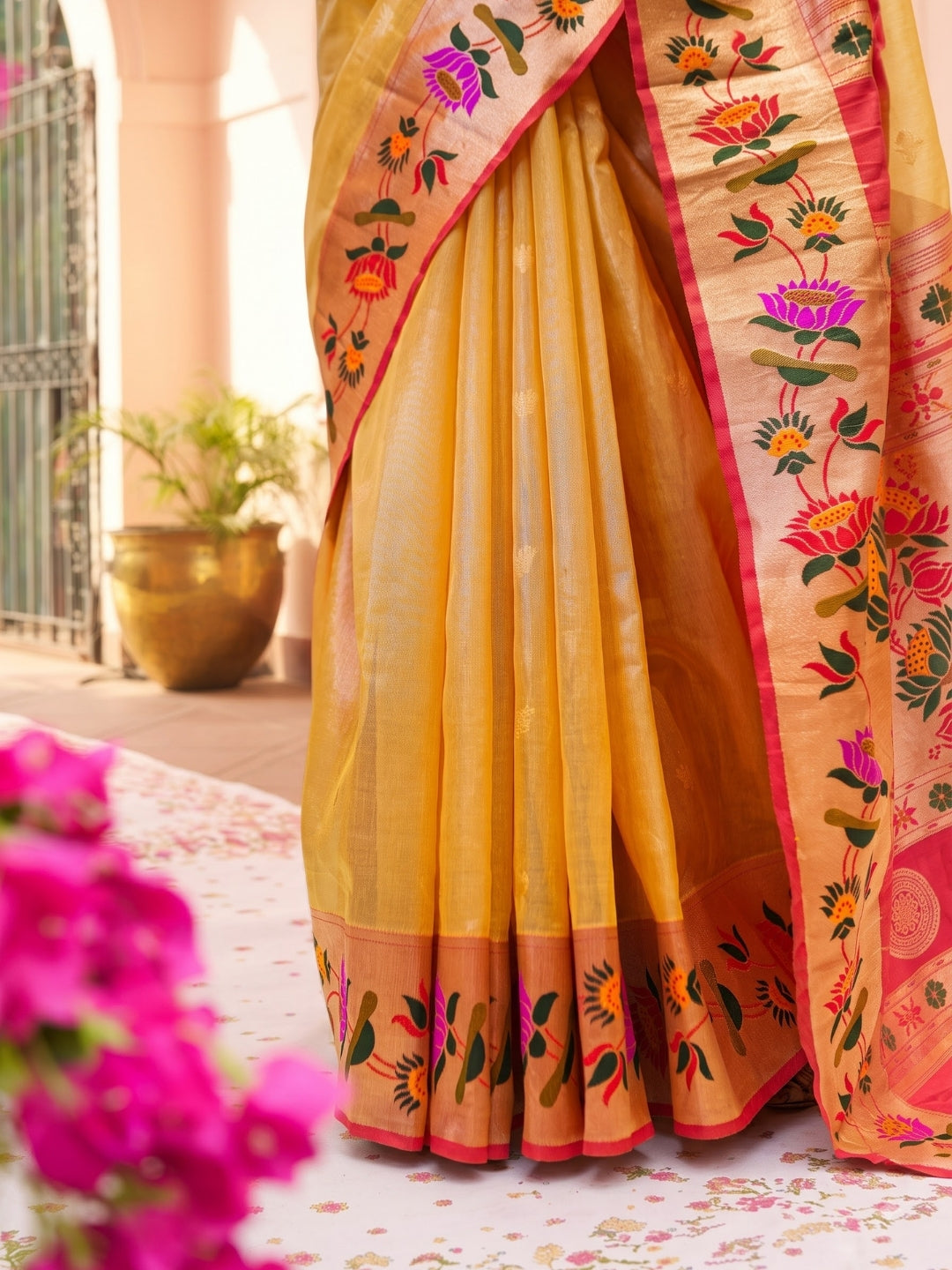 Yellow Tissue Paithani Saree with Floral Motif Border