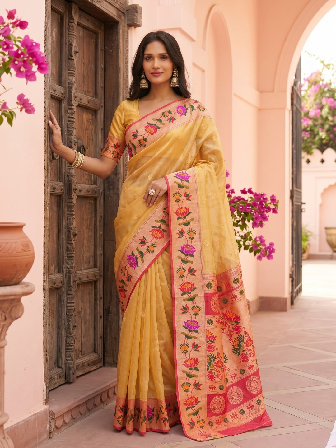 Yellow Tissue Paithani Saree with Floral Motif Border