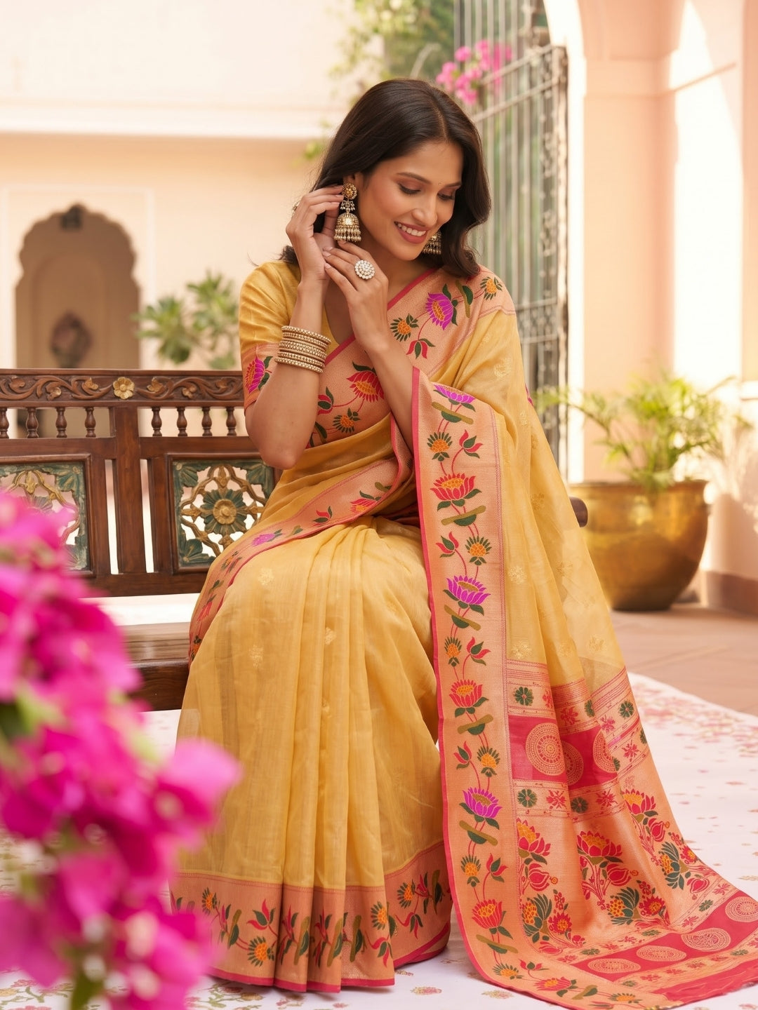 Yellow Tissue Paithani Saree with Floral Motif Border