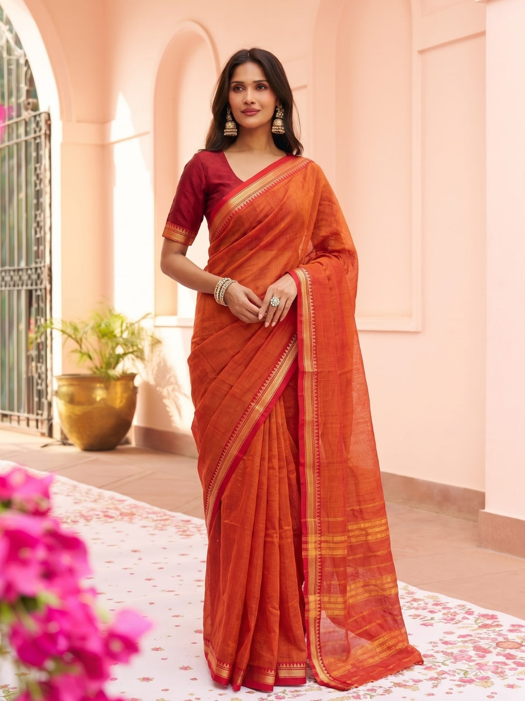 Orange Mercerized Cotton Saree with Temple Border