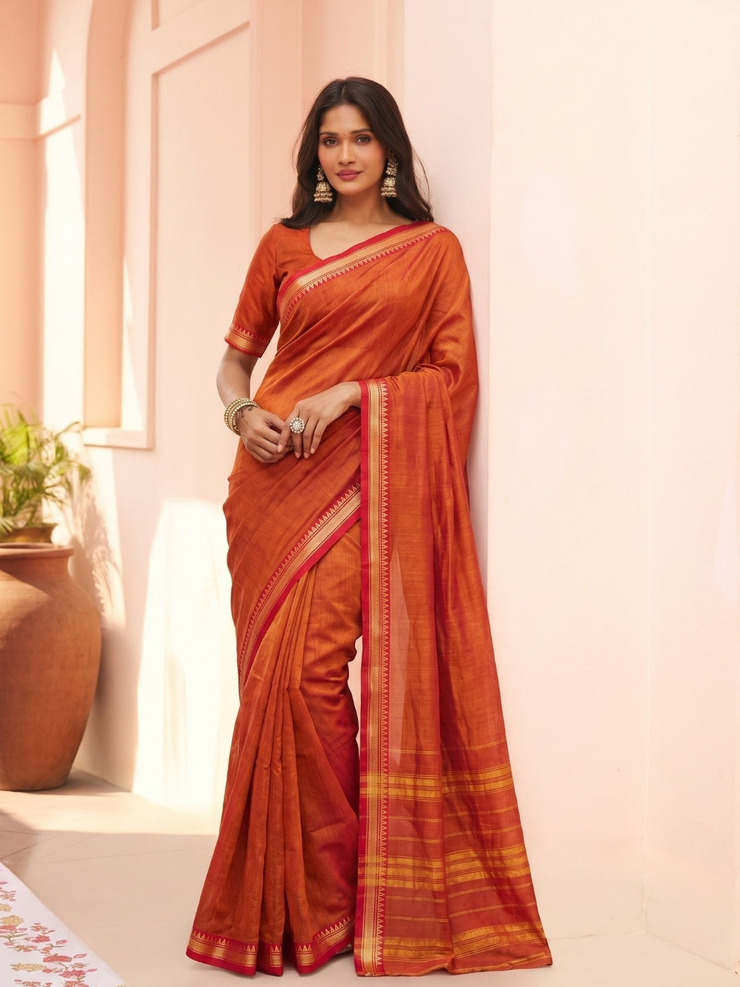Orange Mercerized Cotton Saree with Temple Border
