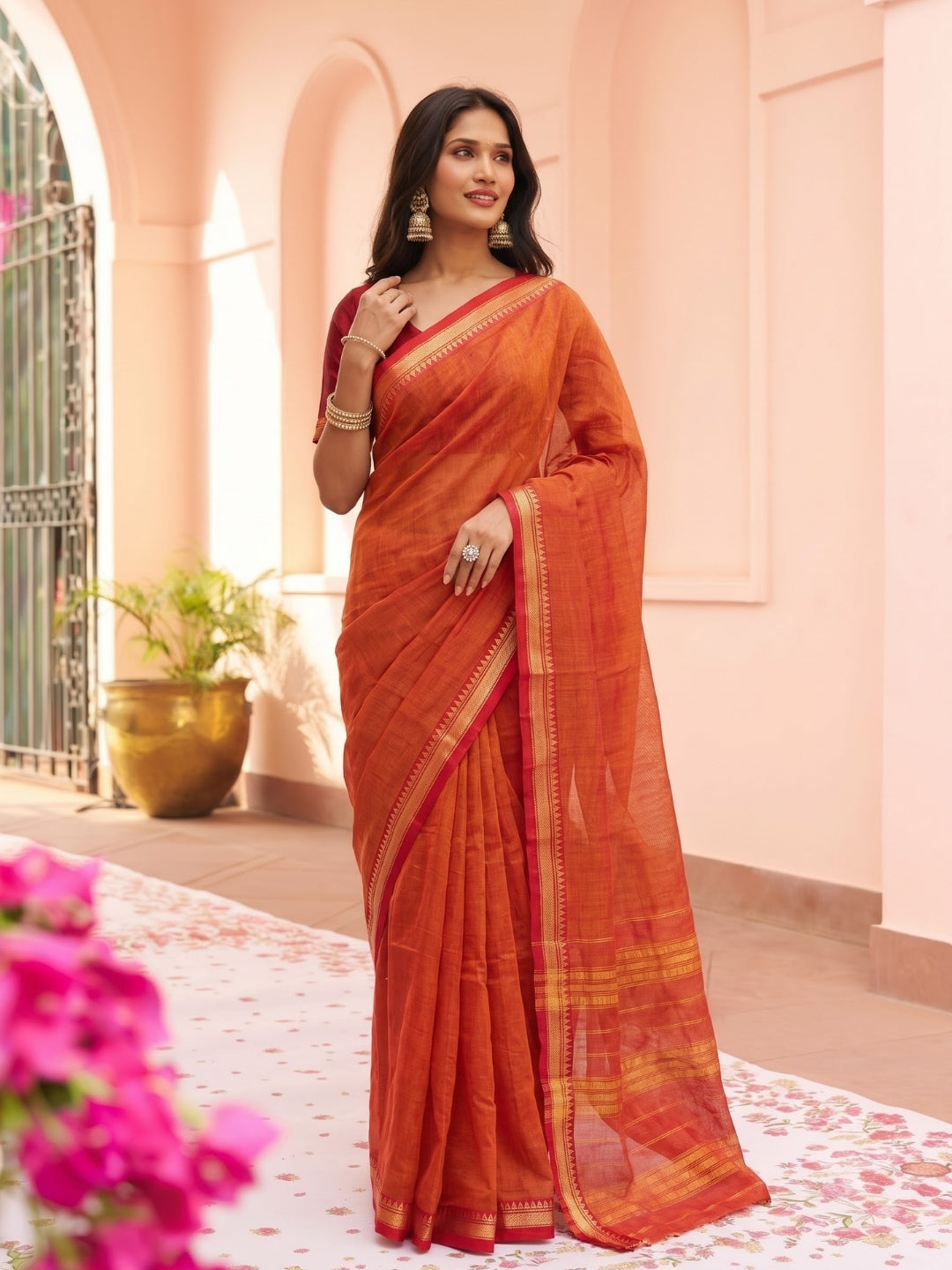 Orange Mercerized Cotton Saree with Temple Border