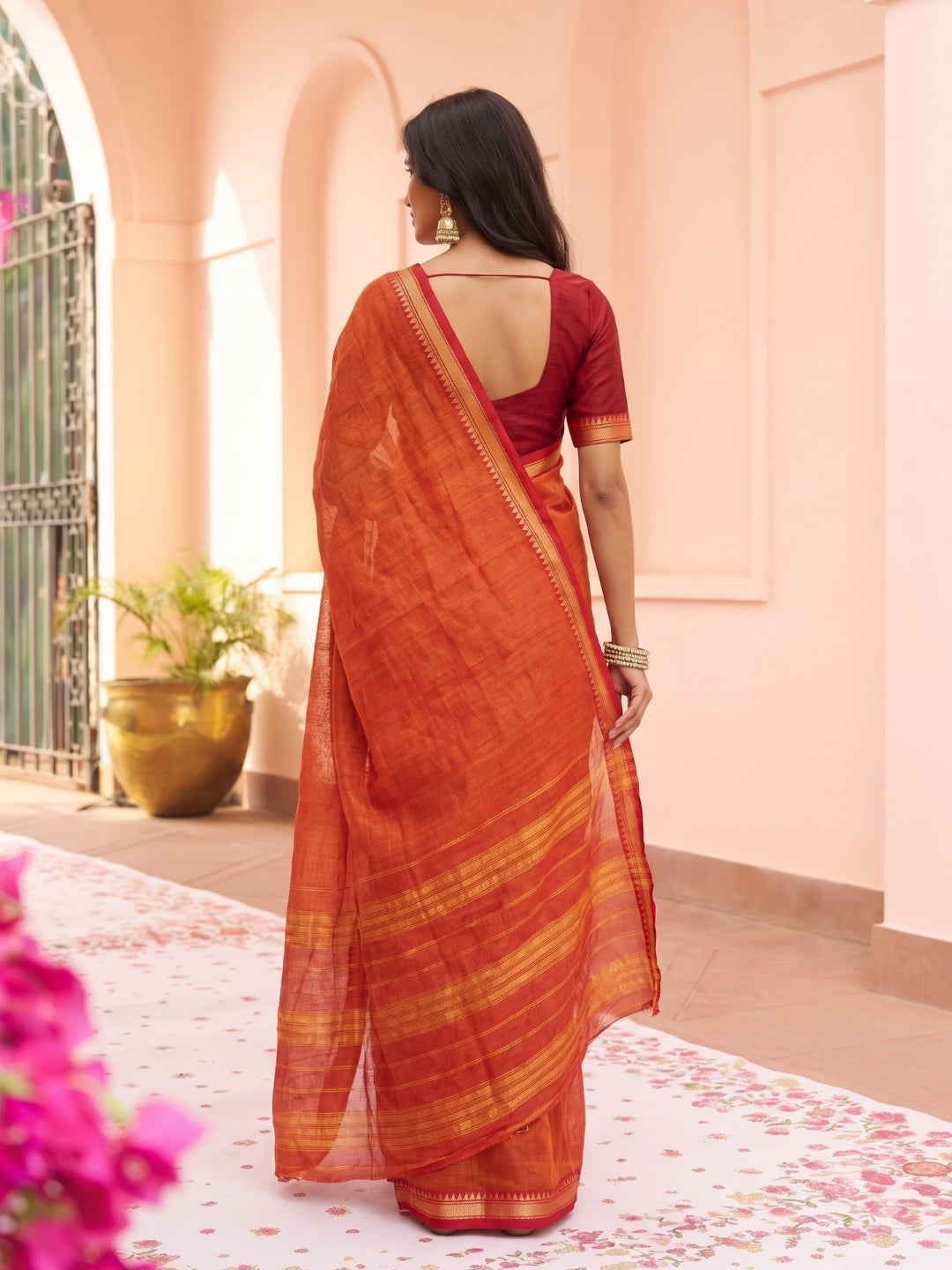 Orange Mercerized Cotton Saree with Temple Border