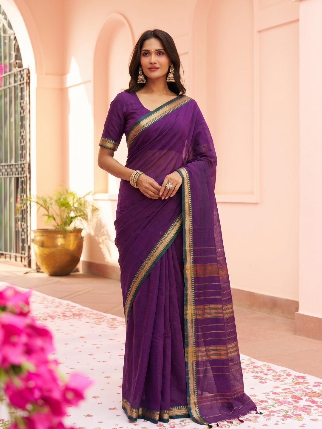 Purple Mercerized Cotton Saree with Temple Border