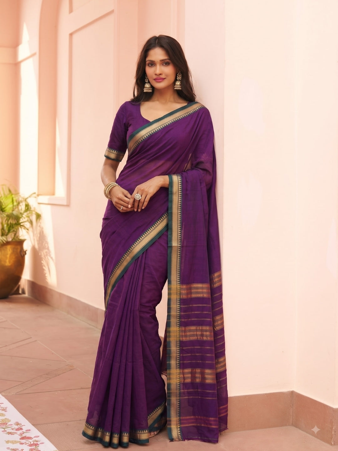 Purple Mercerized Cotton Saree with Temple Border