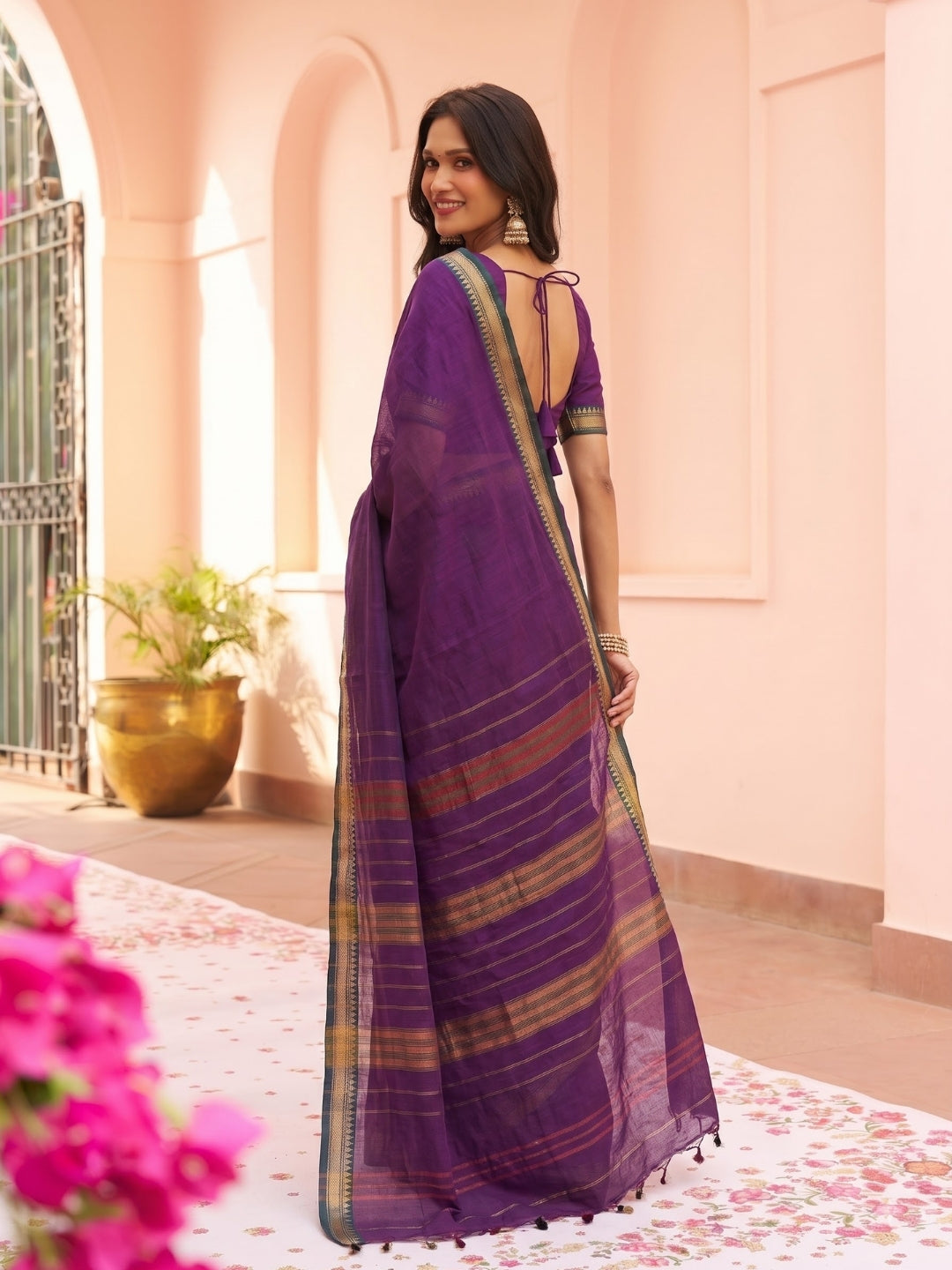 Purple Mercerized Cotton Saree with Temple Border