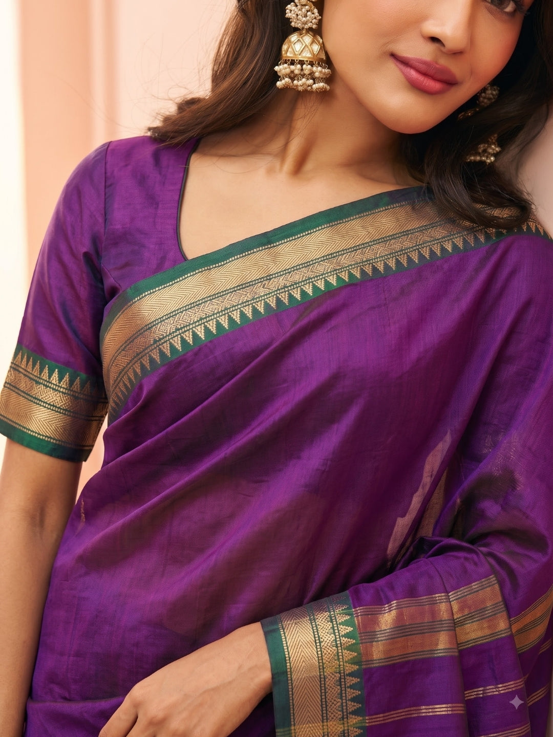 Purple Mercerized Cotton Saree with Temple Border