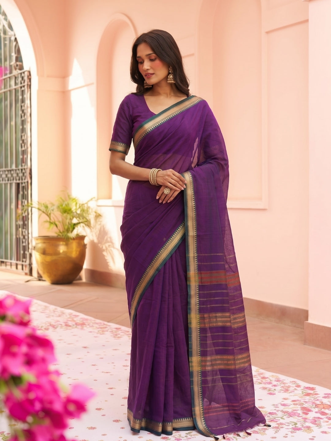 Purple Mercerized Cotton Saree with Temple Border