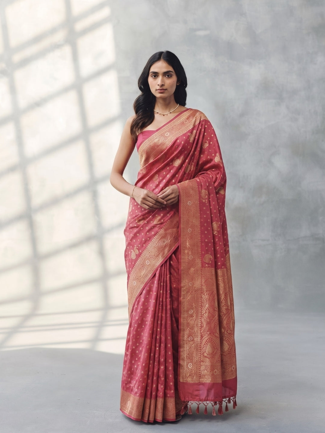 Peach Dola Silk Saree with Gold Zari Weaving
