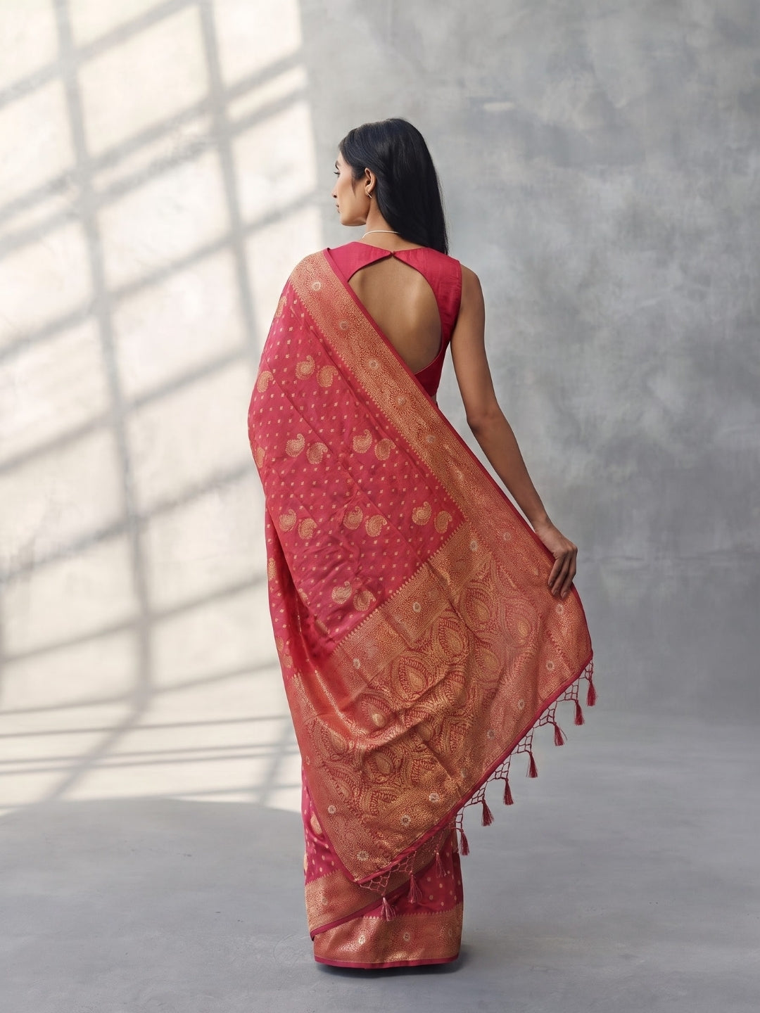 Peach Dola Silk Saree with Gold Zari Weaving
