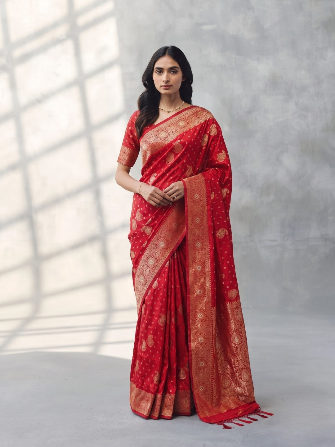 Red Dola Silk Saree with Gold Zari Weaving